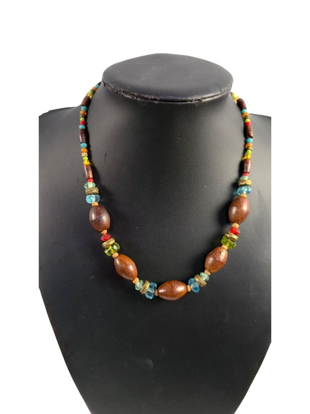 Vintage Boho Mixed Wood and Glass Beaded Statement Necklace